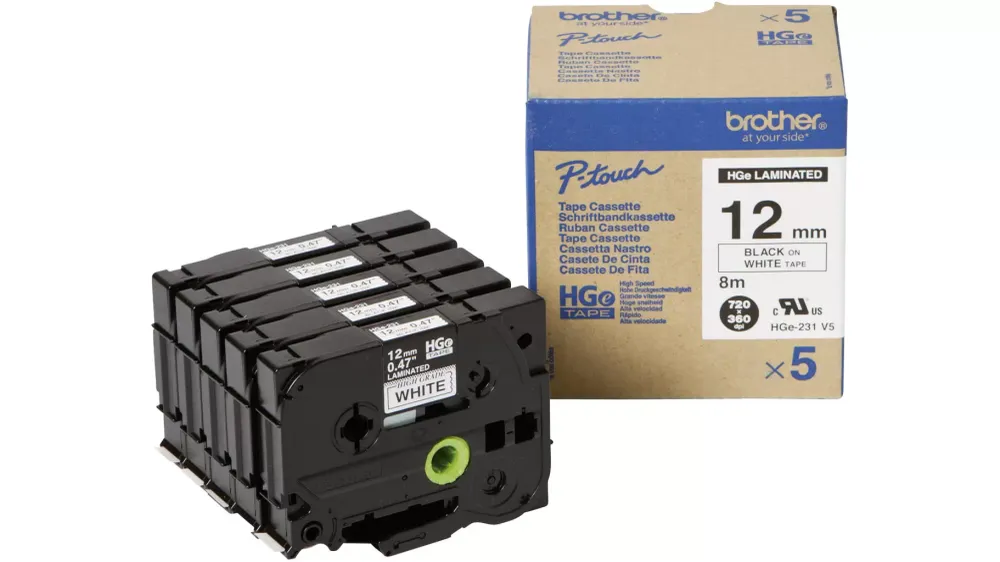 Brother HGe-231V5 Schriftband 5er Set Bandfarbe: Weiß Schriftfarbe: Schwarz 12mm 8m voelkner