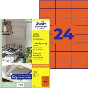 Zweckform Avery-3448 Universal-Etiketten 70 x 37mm Papier Rot 2400 St. Permanent haftend Tintenstrahldrucker, Laserdrucker...
