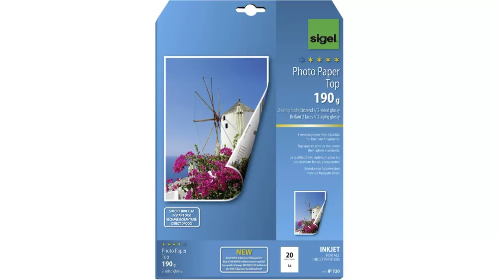 Sigel Photo Paper Top IP720 Fotopapier DIN A4 190 g/m² 20 Blatt Hochglänzend, Beide Seiten bedruckbar voelkner